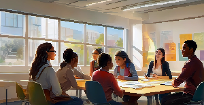 A diverse group of students and a mentor engaged in a mentoring session in a bright classroom, with sunlight streaming in and colorful posters on the walls.