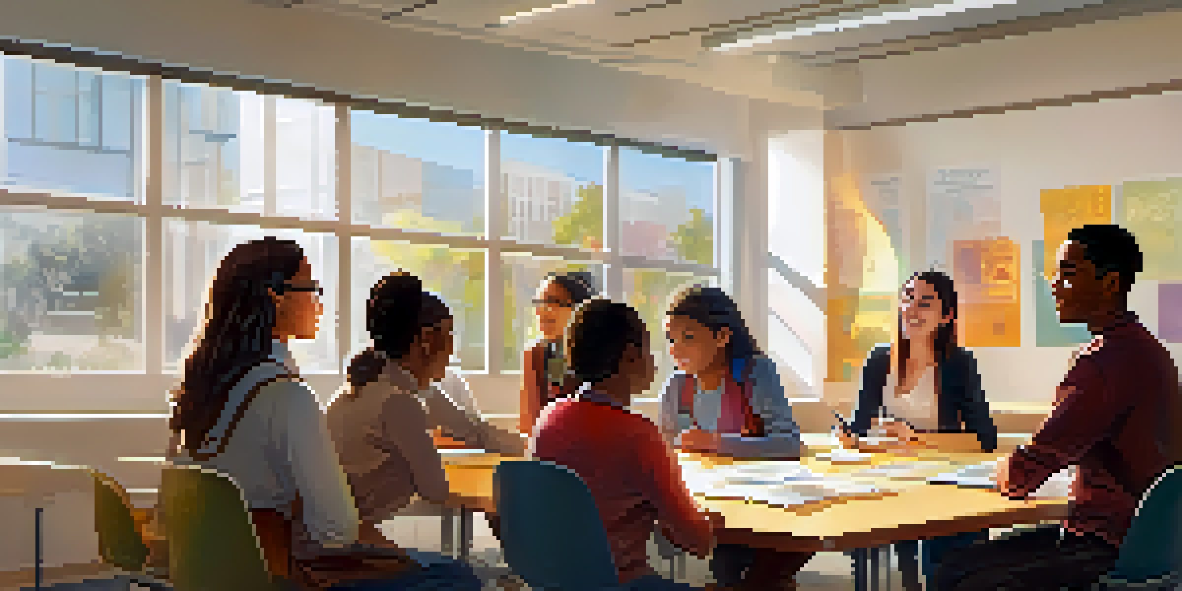 A diverse group of students and a mentor engaged in a mentoring session in a bright classroom, with sunlight streaming in and colorful posters on the walls.