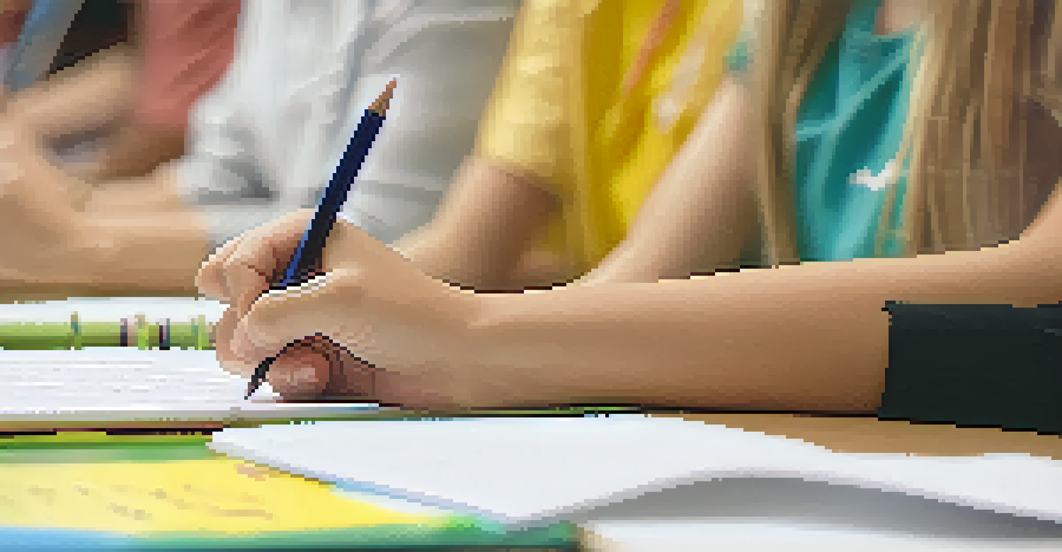 A close-up of a student's hands writing questions in a notebook during a classroom inquiry session.