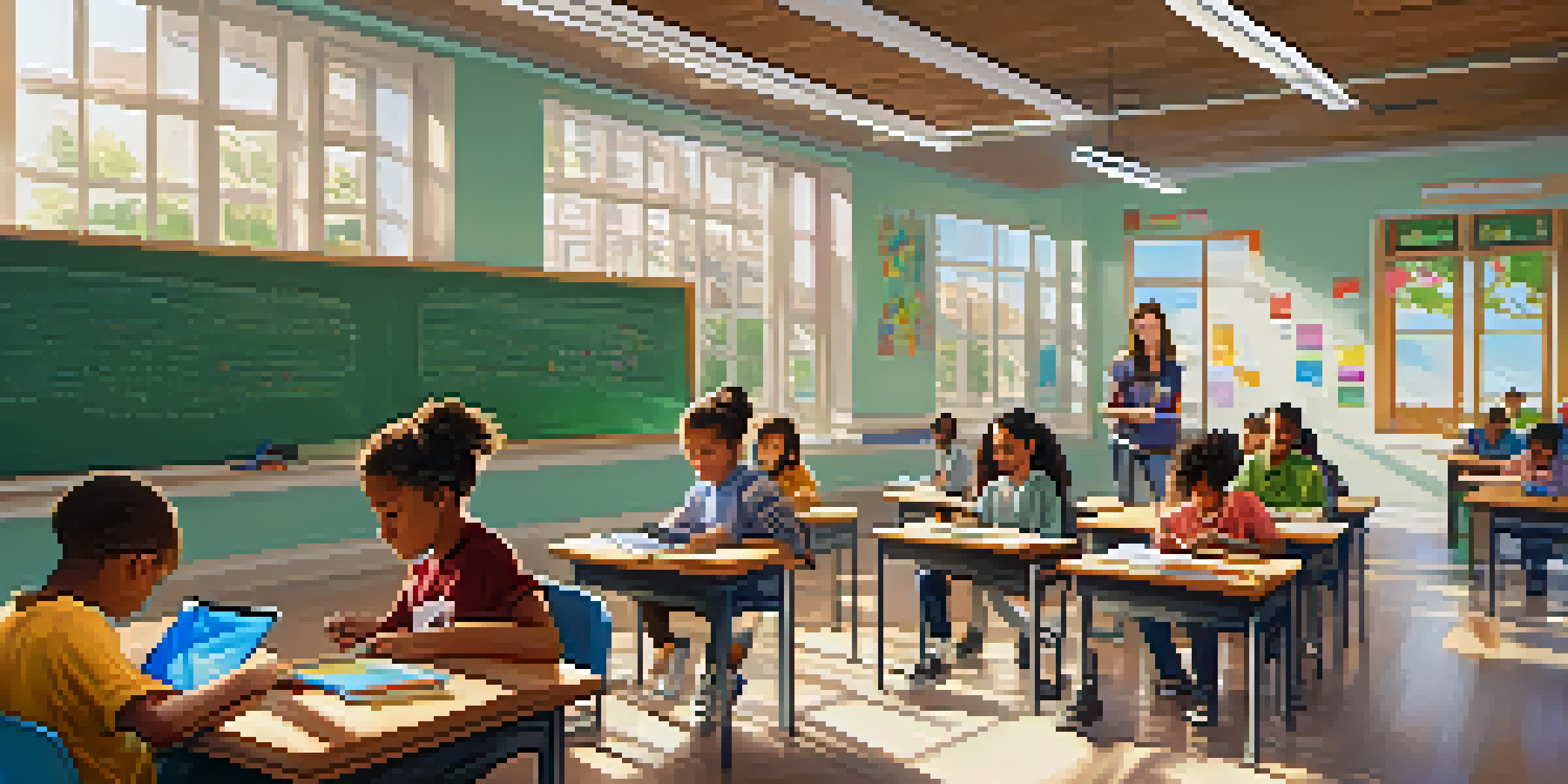 A colorful classroom with students using technology for personalized learning, showing engagement and interaction with a teacher.