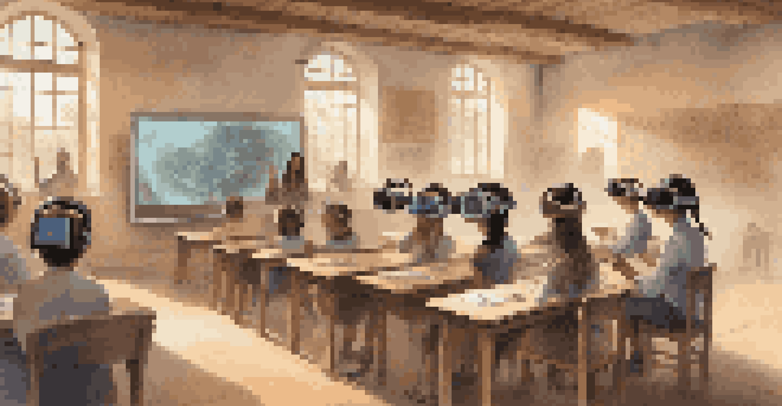 Students using virtual reality headsets in a classroom, engaging with a historical lesson while surrounded by modern educational technology.