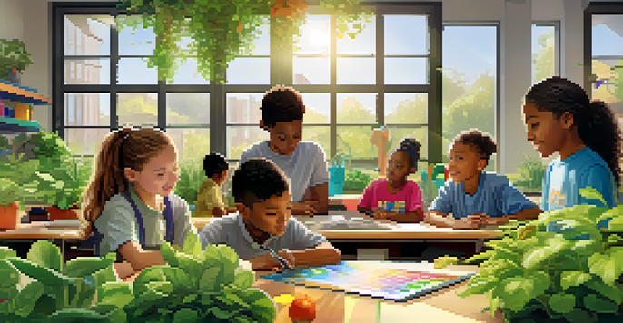 A diverse group of students in a bright classroom working together on a sustainable garden project, with sunlight streaming through the windows.