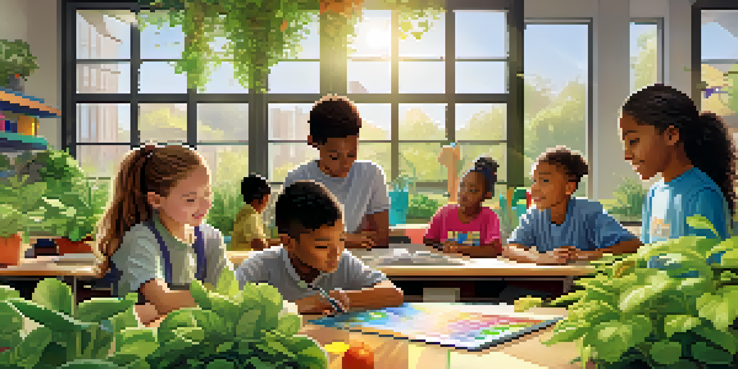 A diverse group of students in a bright classroom working together on a sustainable garden project, with sunlight streaming through the windows.