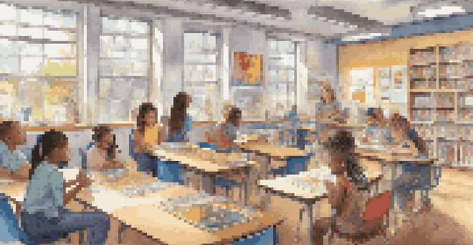 A lively classroom where students are actively engaged in learning, with a teacher guiding them amidst colorful decorations and well-stocked resources.