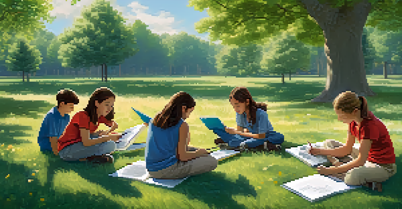 Students actively engaged in outdoor learning, exploring nature with magnifying glasses and sketching under a clear blue sky.