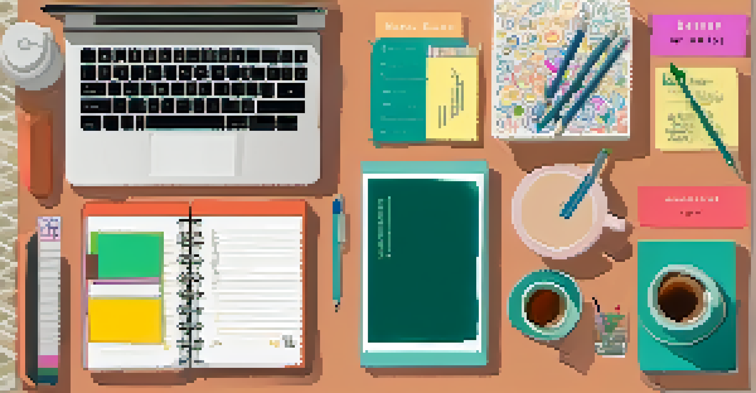 An overhead view of an organized study desk with colorful stationery, a planner, and a cup of tea in a warm atmosphere.
