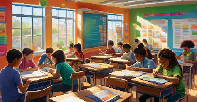 A lively classroom with students participating in a digital gamified learning activity, featuring a leaderboard and colorful decorations.