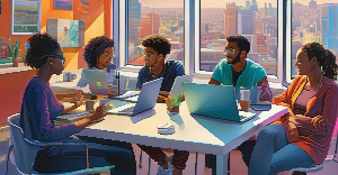 A diverse group of people sitting around a table with laptops, discussing digital ethics in a bright modern room with city views.