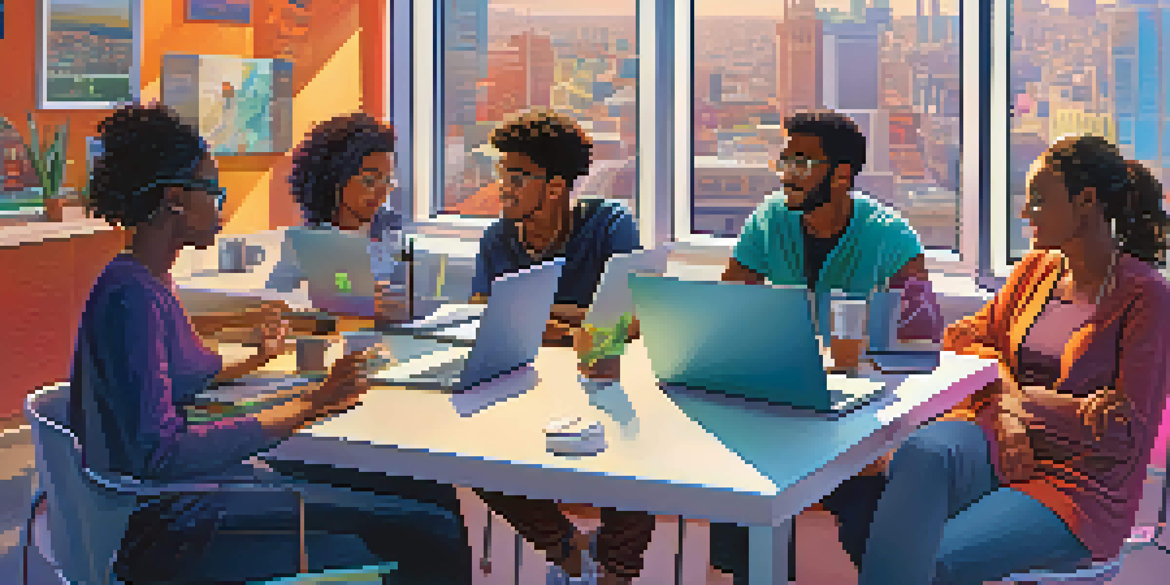 A diverse group of people sitting around a table with laptops, discussing digital ethics in a bright modern room with city views.