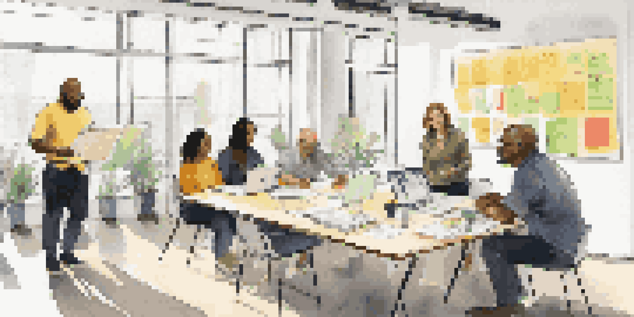 A diverse group of adults collaborating in a bright office space, discussing ideas with laptops and notebooks.