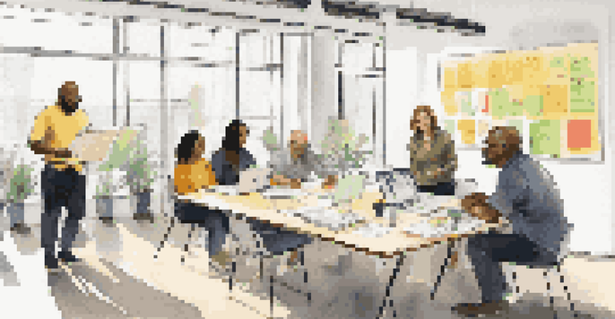 A diverse group of adults collaborating in a bright office space, discussing ideas with laptops and notebooks.