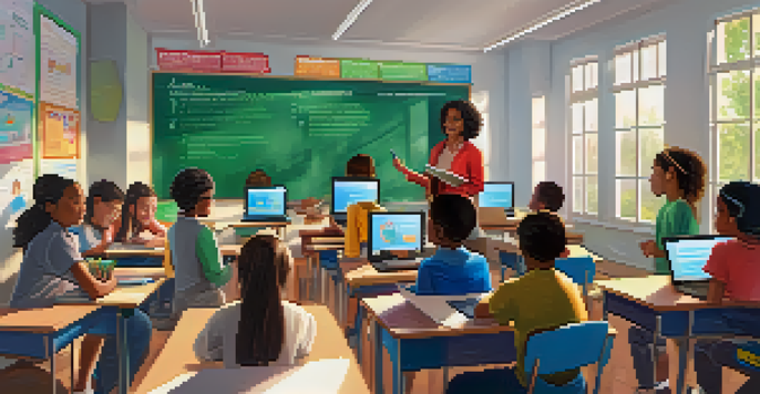 A classroom filled with diverse students engaged in a lesson about digital citizenship, with educational materials visible and sunlight illuminating the scene.