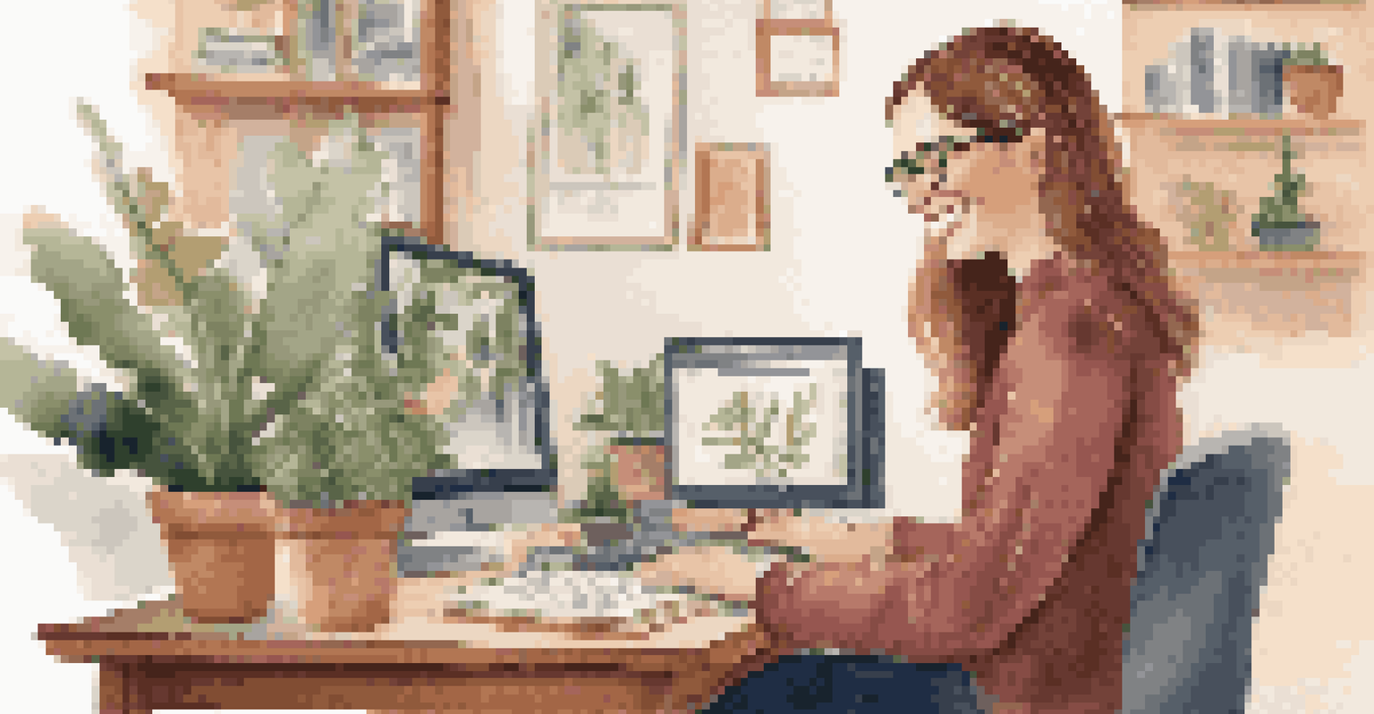 An educator on a video call with a student in a cozy home office filled with plants and books.