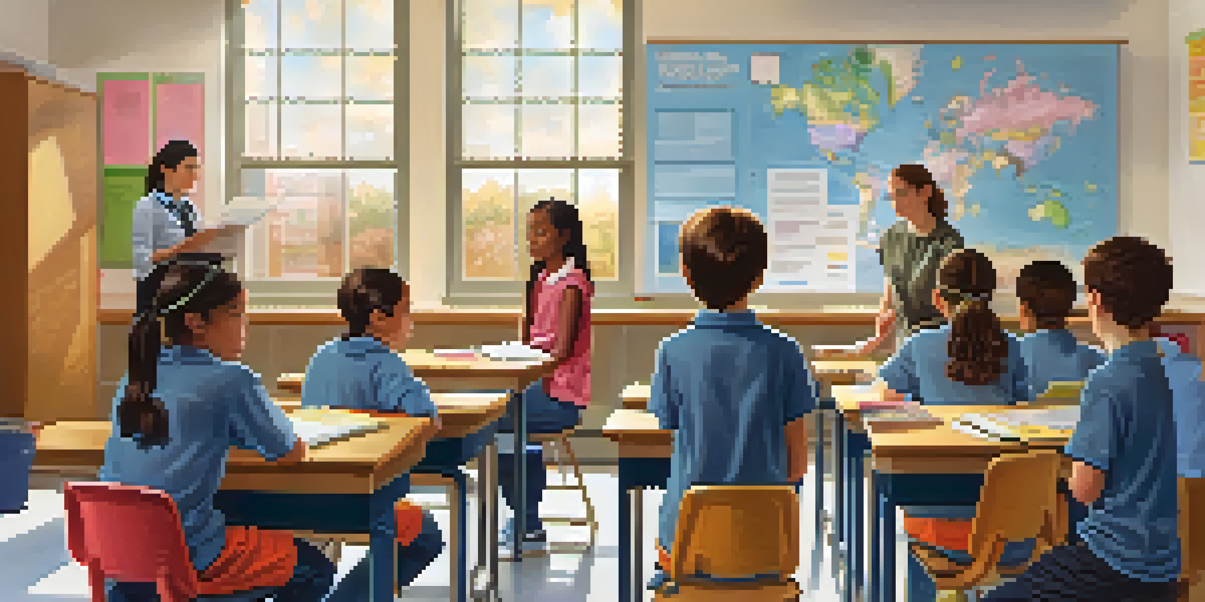 A classroom with students listening to a teacher explaining safety procedures during a crisis, with bright natural light and colorful posters.