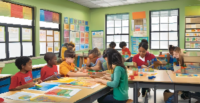 A vibrant classroom with students engaged in hands-on learning, a teacher assisting, and natural light coming through the windows.