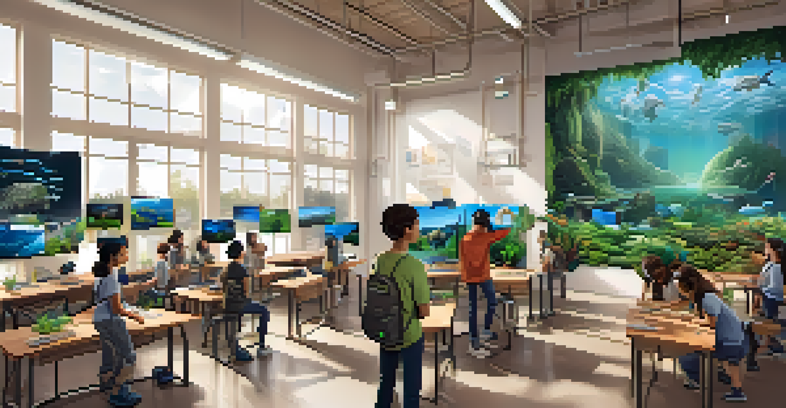 Students in a classroom wearing VR headsets, exploring virtual ecosystems to learn about climate change.