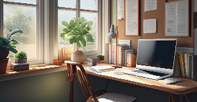 A cozy study area with a wooden desk, books, a laptop, and a potted plant, illuminated by soft sunlight from a window.