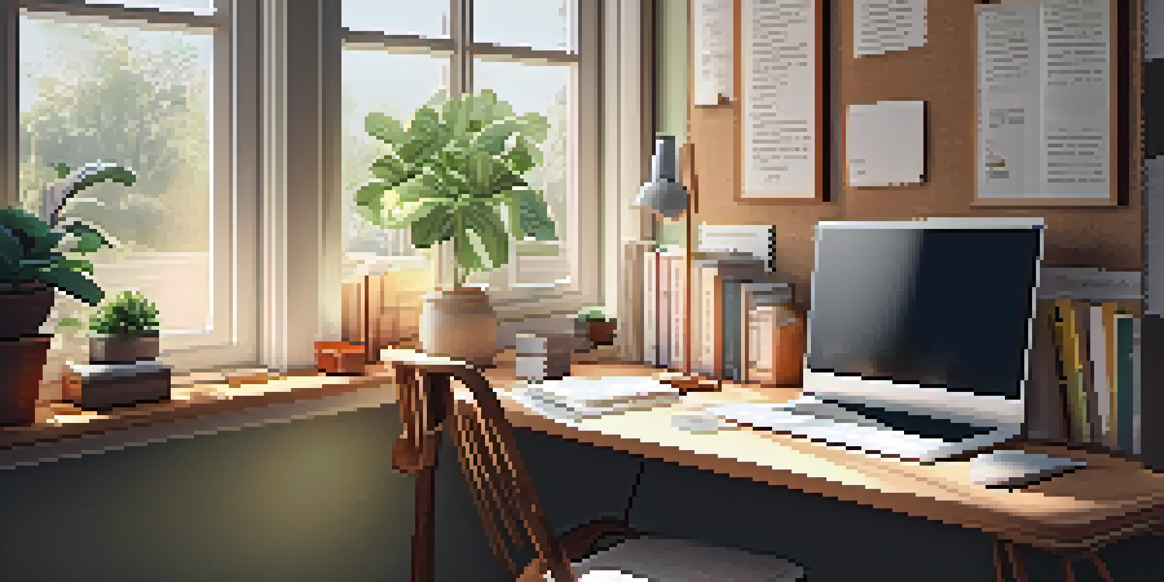 A cozy study area with a wooden desk, books, a laptop, and a potted plant, illuminated by soft sunlight from a window.