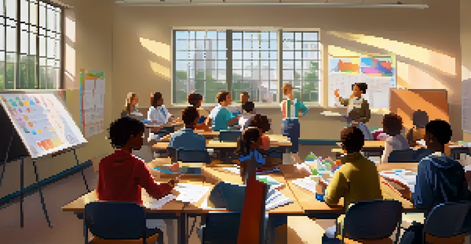 A classroom with diverse students learning about financial literacy, featuring a teacher and colorful charts on the whiteboard.