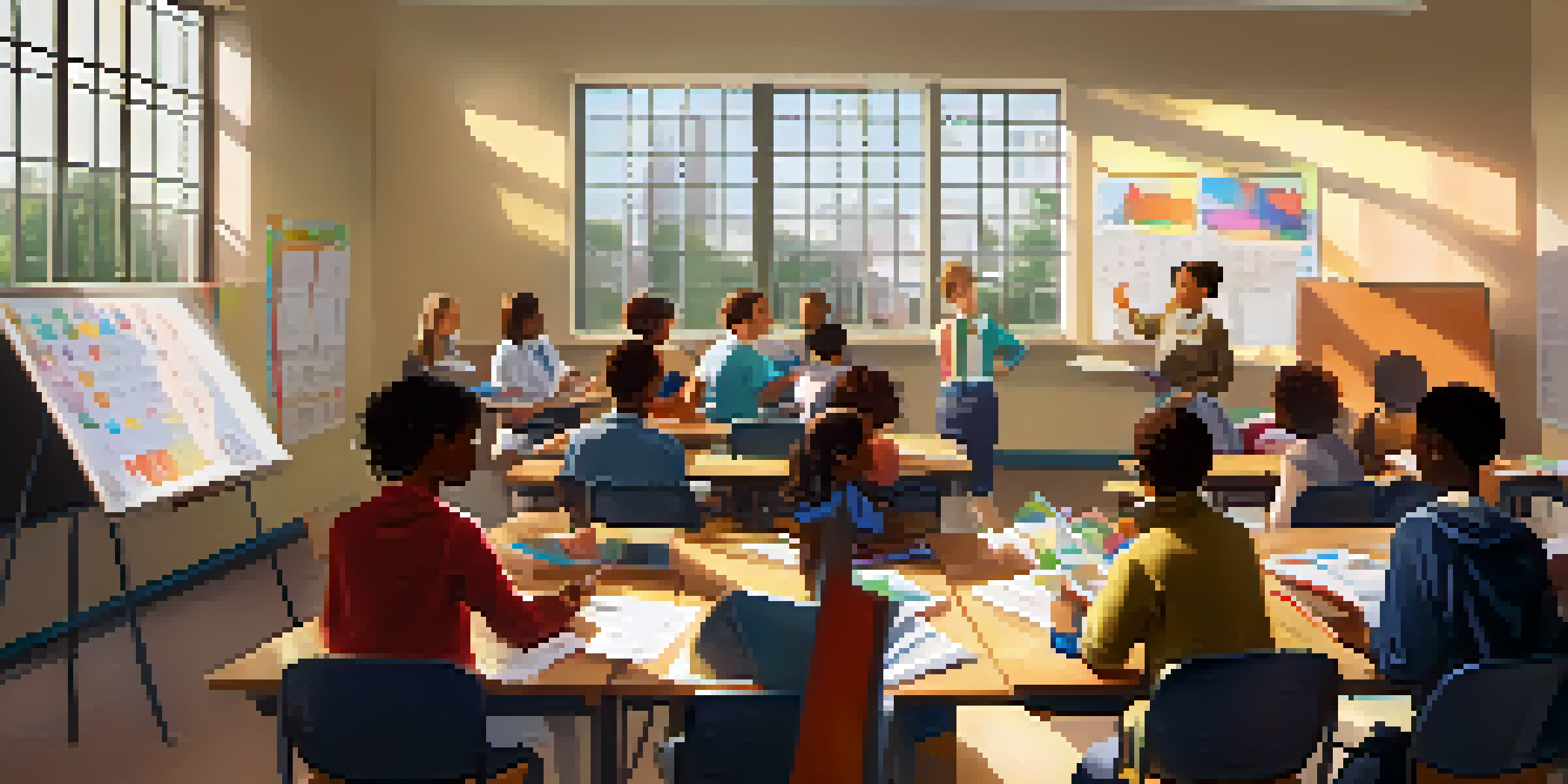 A classroom with diverse students learning about financial literacy, featuring a teacher and colorful charts on the whiteboard.