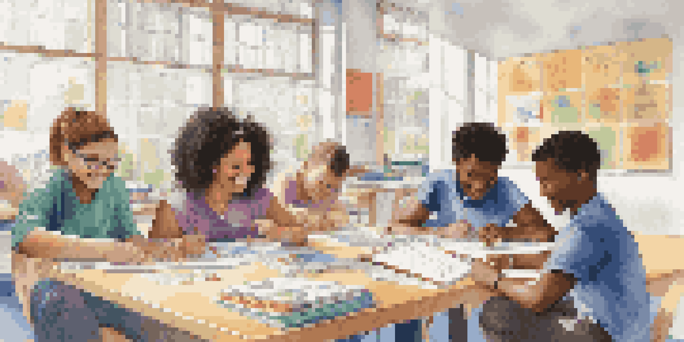 A diverse group of students working together on a math project in a bright classroom, surrounded by educational materials.