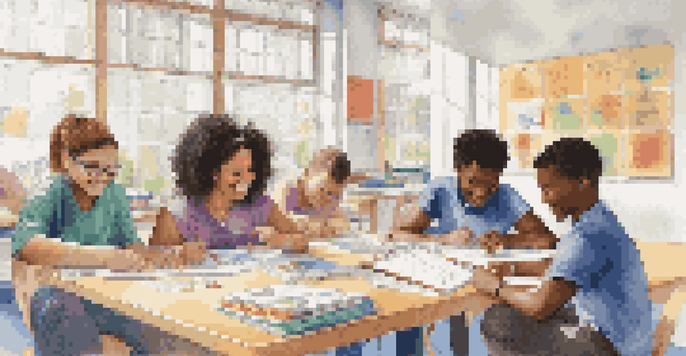 A diverse group of students working together on a math project in a bright classroom, surrounded by educational materials.