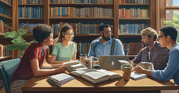 A diverse group of adults discussing ideas around a table in a cozy library, surrounded by books and plants.