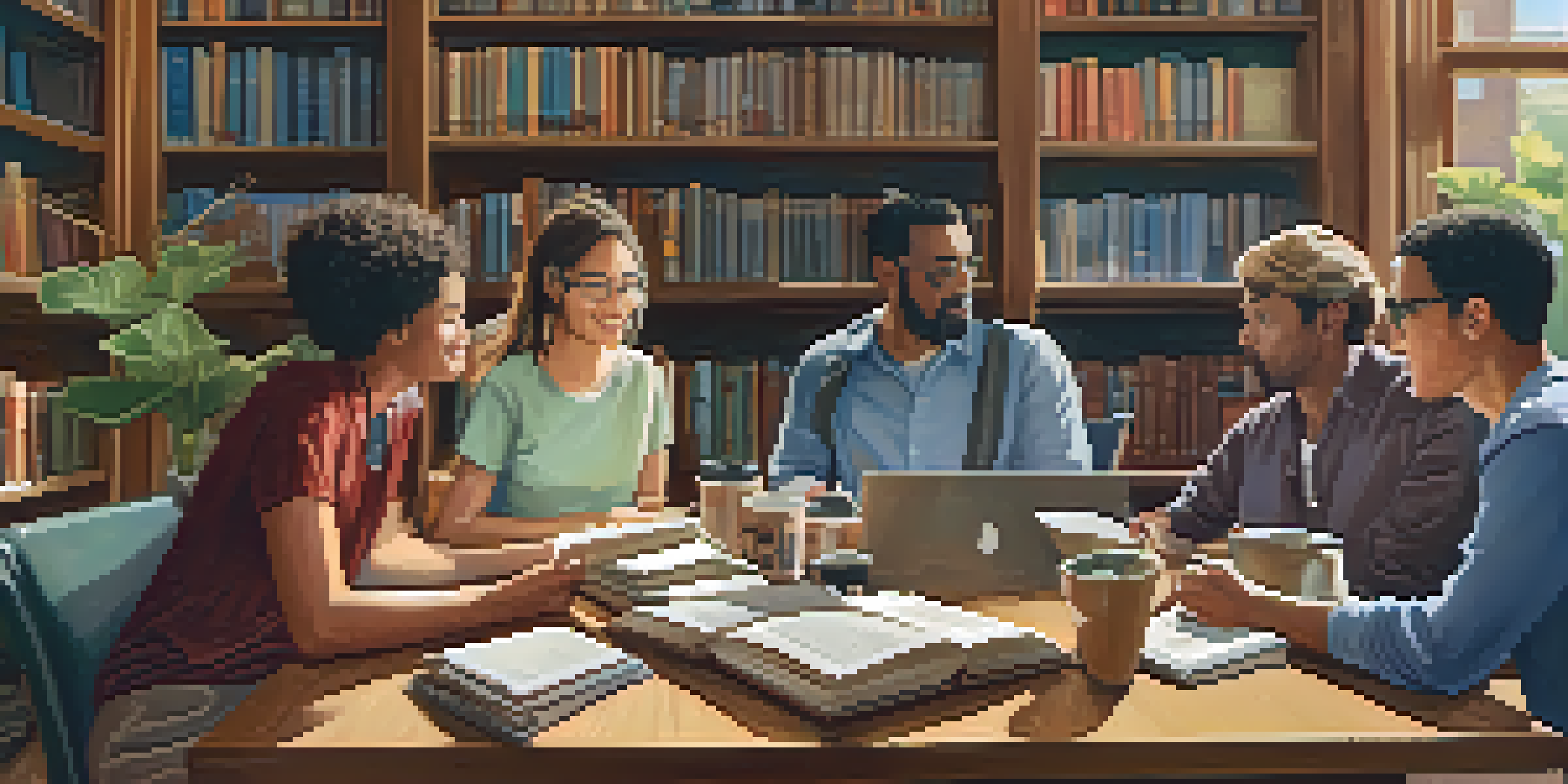 A diverse group of adults discussing ideas around a table in a cozy library, surrounded by books and plants.