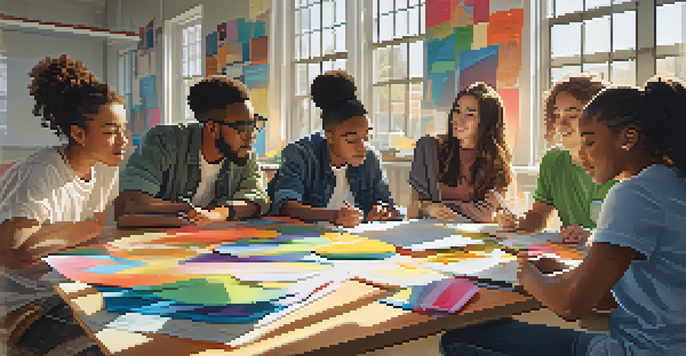 A diverse group of students working together in a modern classroom, surrounded by art supplies and laptops, under bright sunlight.