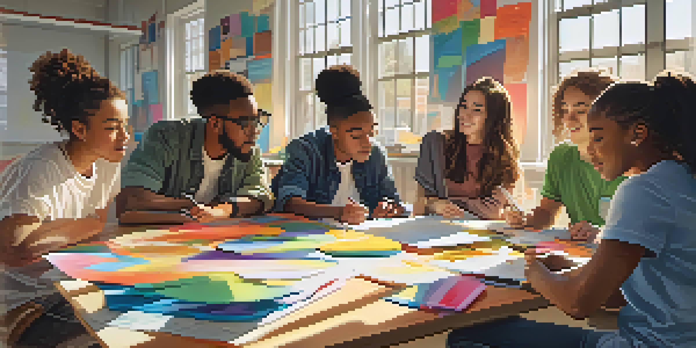 A diverse group of students working together in a modern classroom, surrounded by art supplies and laptops, under bright sunlight.