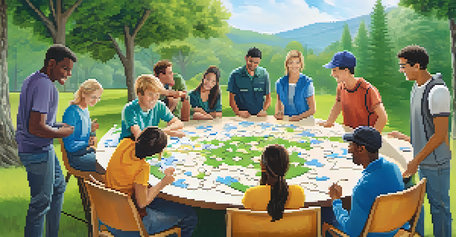 A diverse group of people participating in an outdoor team-building exercise, solving a large puzzle together.
