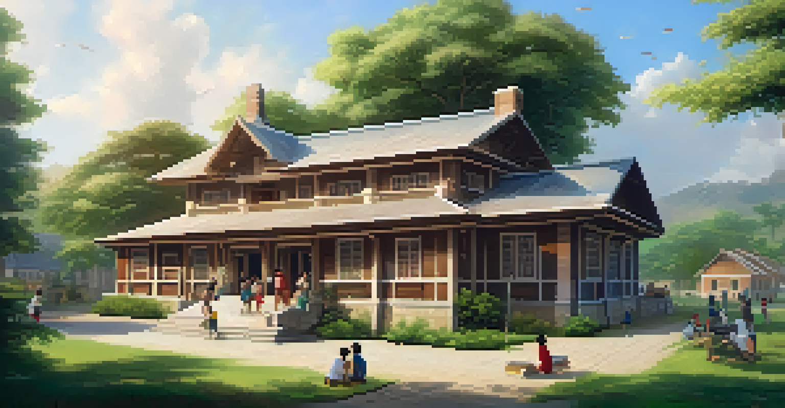 A rural school surrounded by green trees and children playing and learning outdoors, with a traditional wooden building in the background.