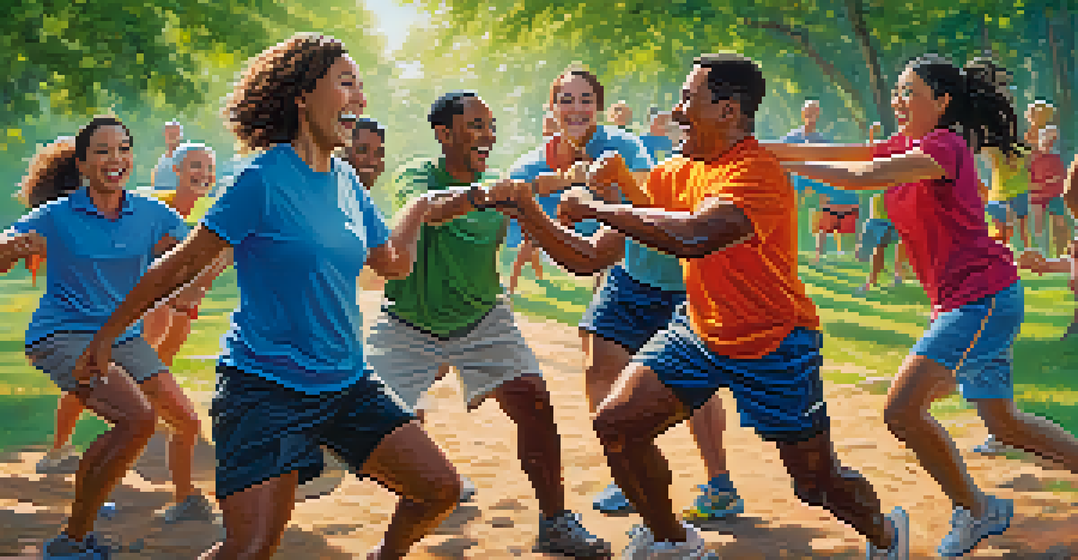 Adults enjoying a team-building exercise, engaged in tug-of-war surrounded by greenery and a blue sky.