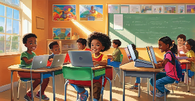 A group of diverse children in a colorful community center learning about technology on laptops, with a bright and welcoming atmosphere.