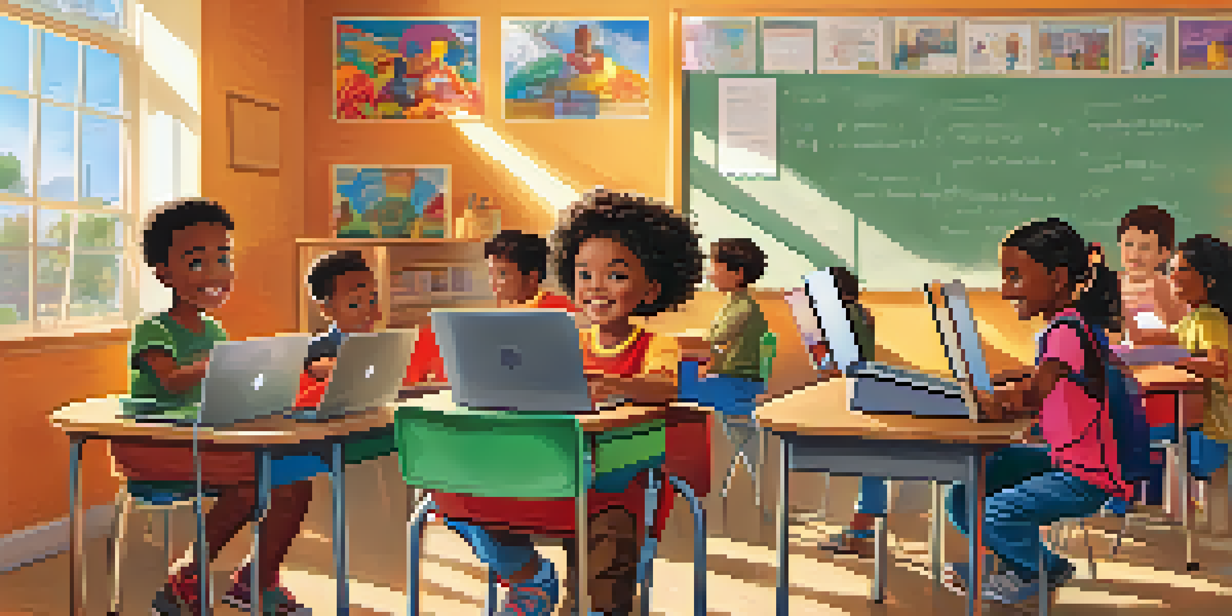A group of diverse children in a colorful community center learning about technology on laptops, with a bright and welcoming atmosphere.