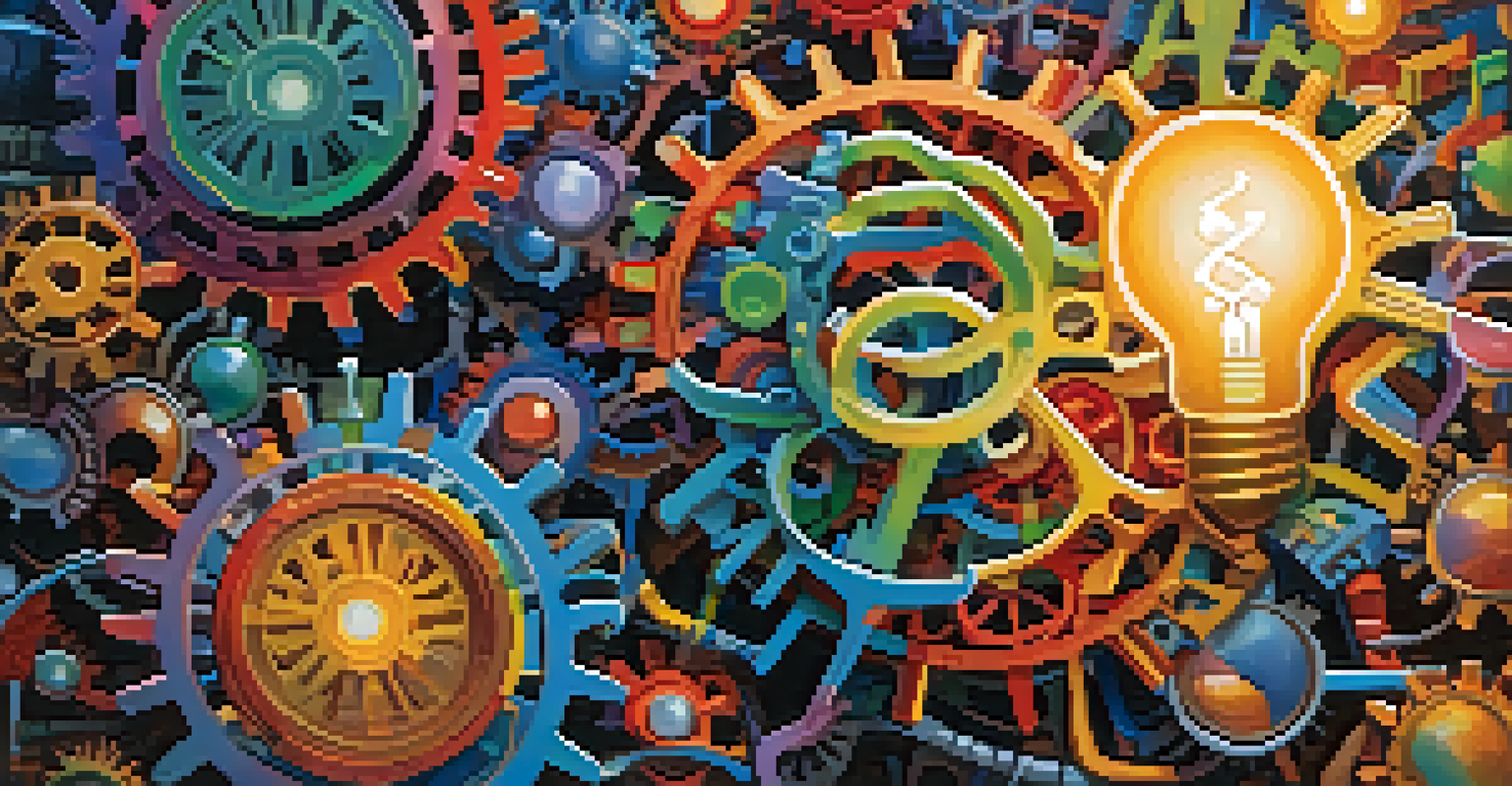 An abstract image of a brain made of gears and lightbulbs, with vibrant colors in the background, symbolizing creativity and insight.