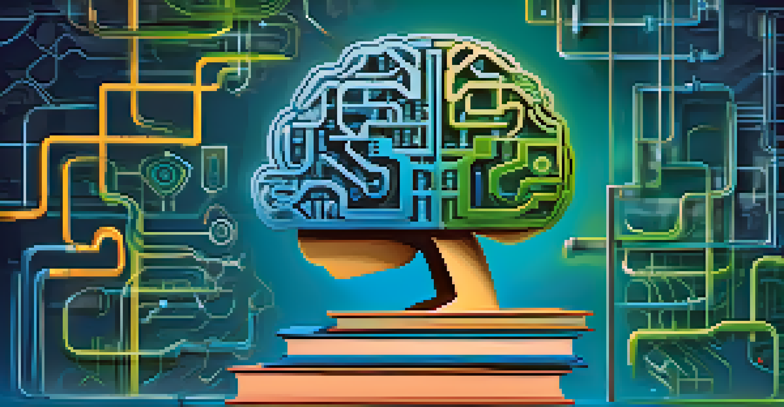 An abstract image of a brain made of circuits surrounded by educational icons, set against a blue and green gradient background.