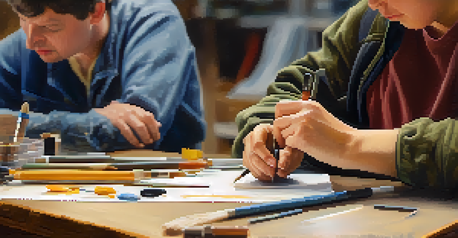 Adult learners engaged in hands-on practice during a workshop, observing each other with focused expressions and tools around a collaborative workspace.