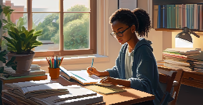 A student studying at a well-lit desk with a laptop, surrounded by books and plants, conveying a productive learning environment.