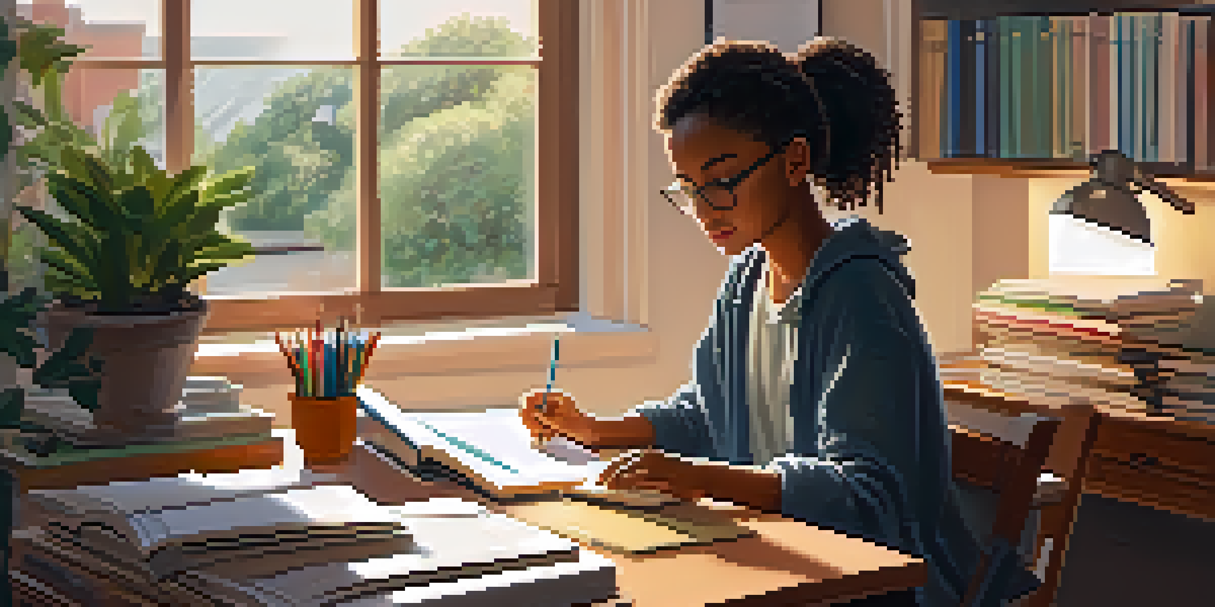 A student studying at a well-lit desk with a laptop, surrounded by books and plants, conveying a productive learning environment.