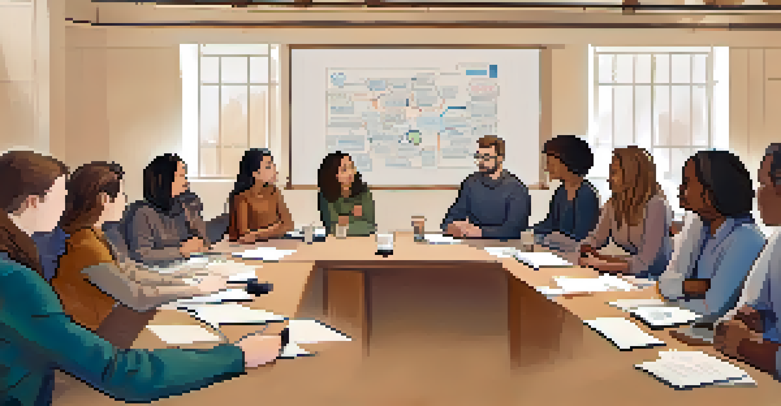 A roundtable discussion with educators, parents, and students discussing AI ethics in a cozy, well-lit room.