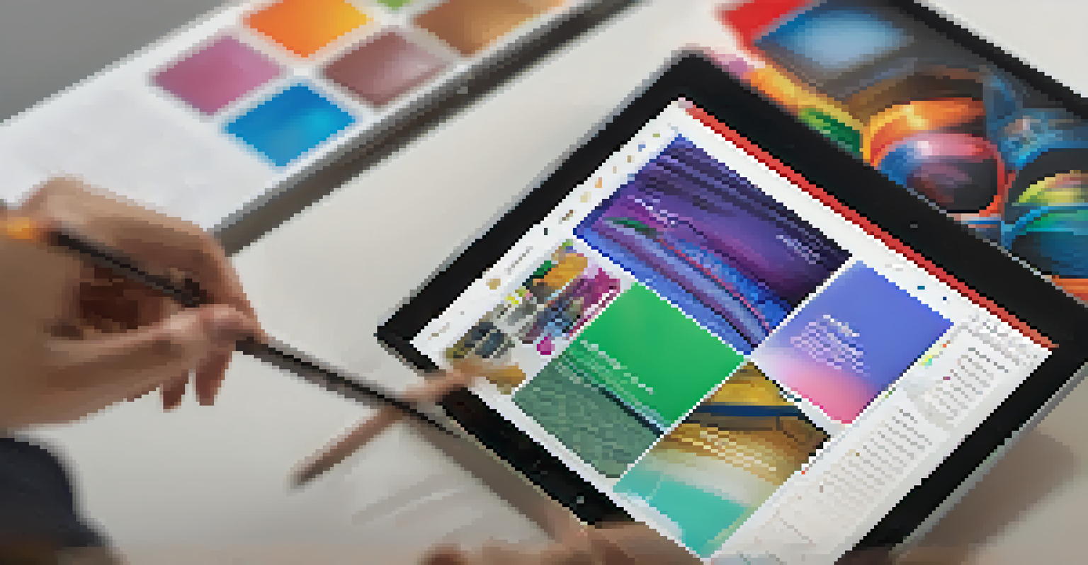 A close-up view of a digital portfolio on a tablet, showcasing a colorful layout with images and text, with a hand ready to scroll.