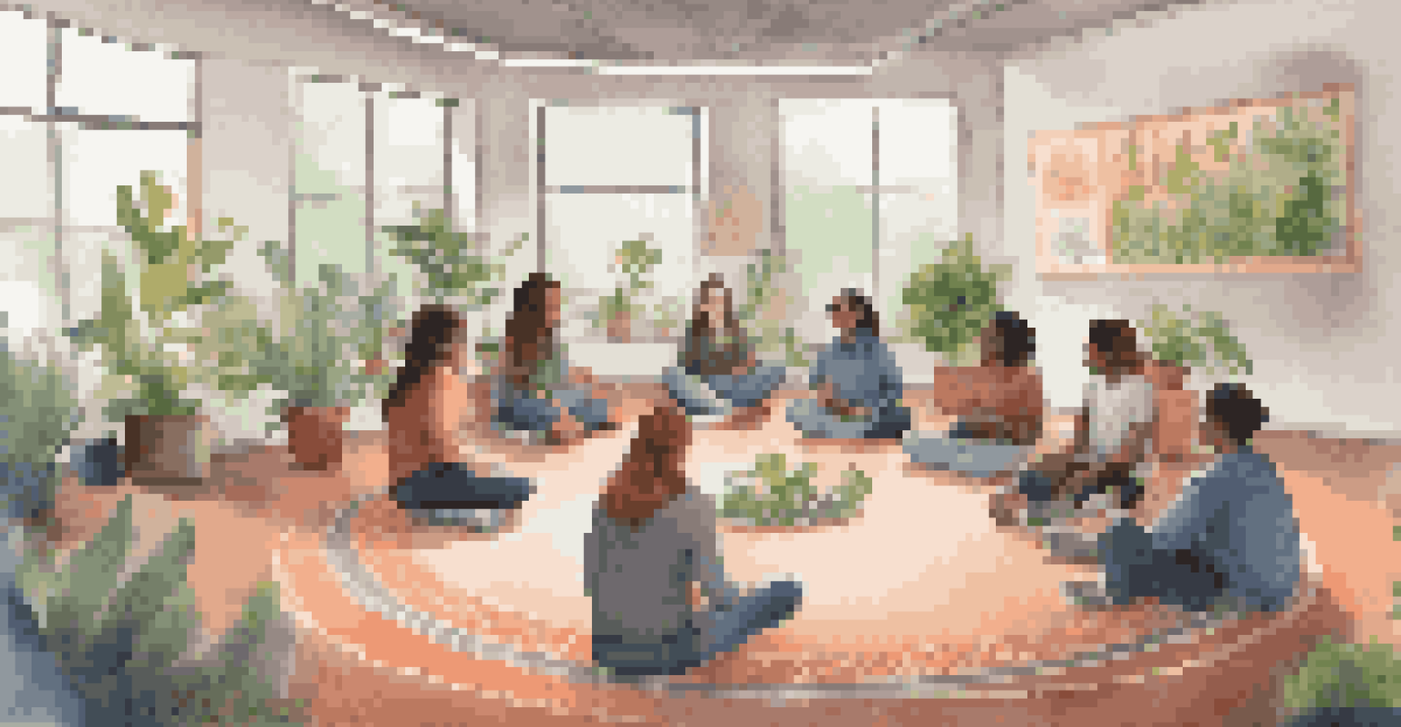 Students sitting in a circle on a carpet, sharing thoughts in a cozy classroom adorned with plants and cushions, promoting a supportive learning environment.