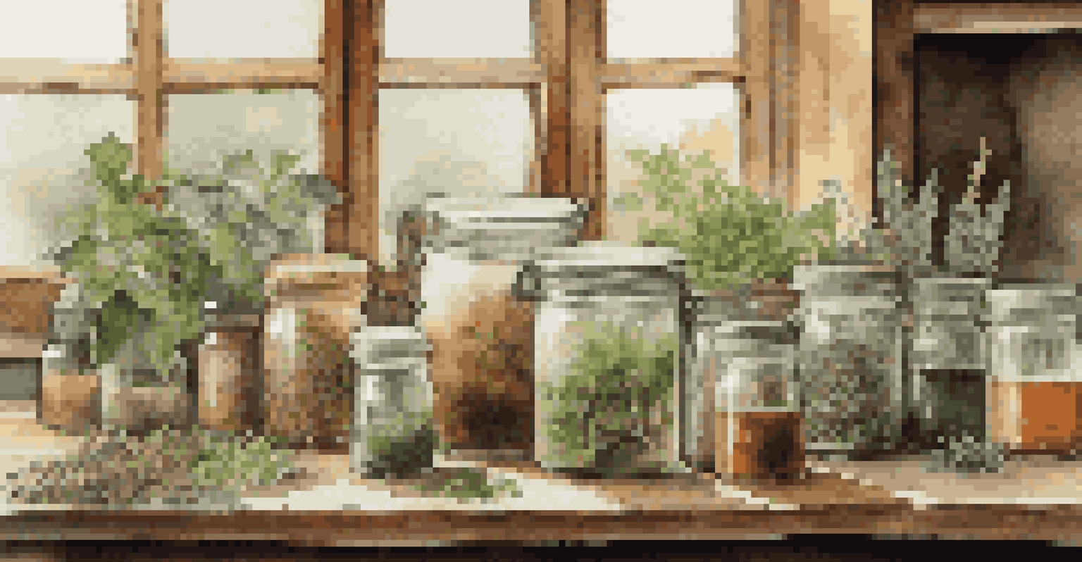 A rustic table filled with jars of dried herbs, fresh plants, and a cup of herbal tea, illuminated by natural light, emphasizing a connection to nature and wellness.