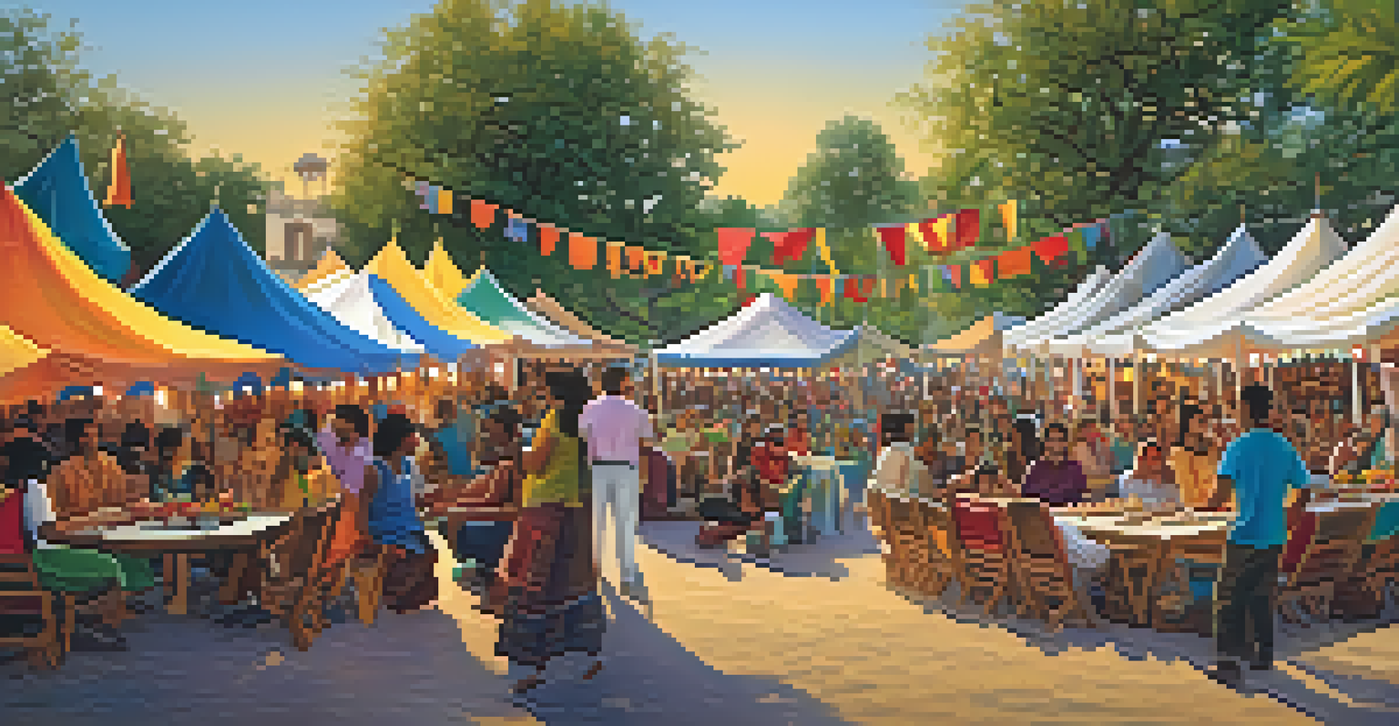 A vibrant community event celebrating cultural diversity with people sharing food and art, surrounded by colorful decorations as the sun sets.