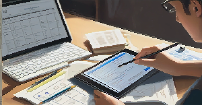 A student focused on a tablet, reflecting on their project with a checklist visible on the screen in a cozy study area.