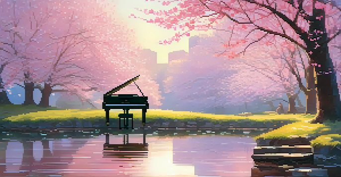 A grand piano under a cherry blossom tree, with sunlight filtering through the branches and a flowing river in the background.