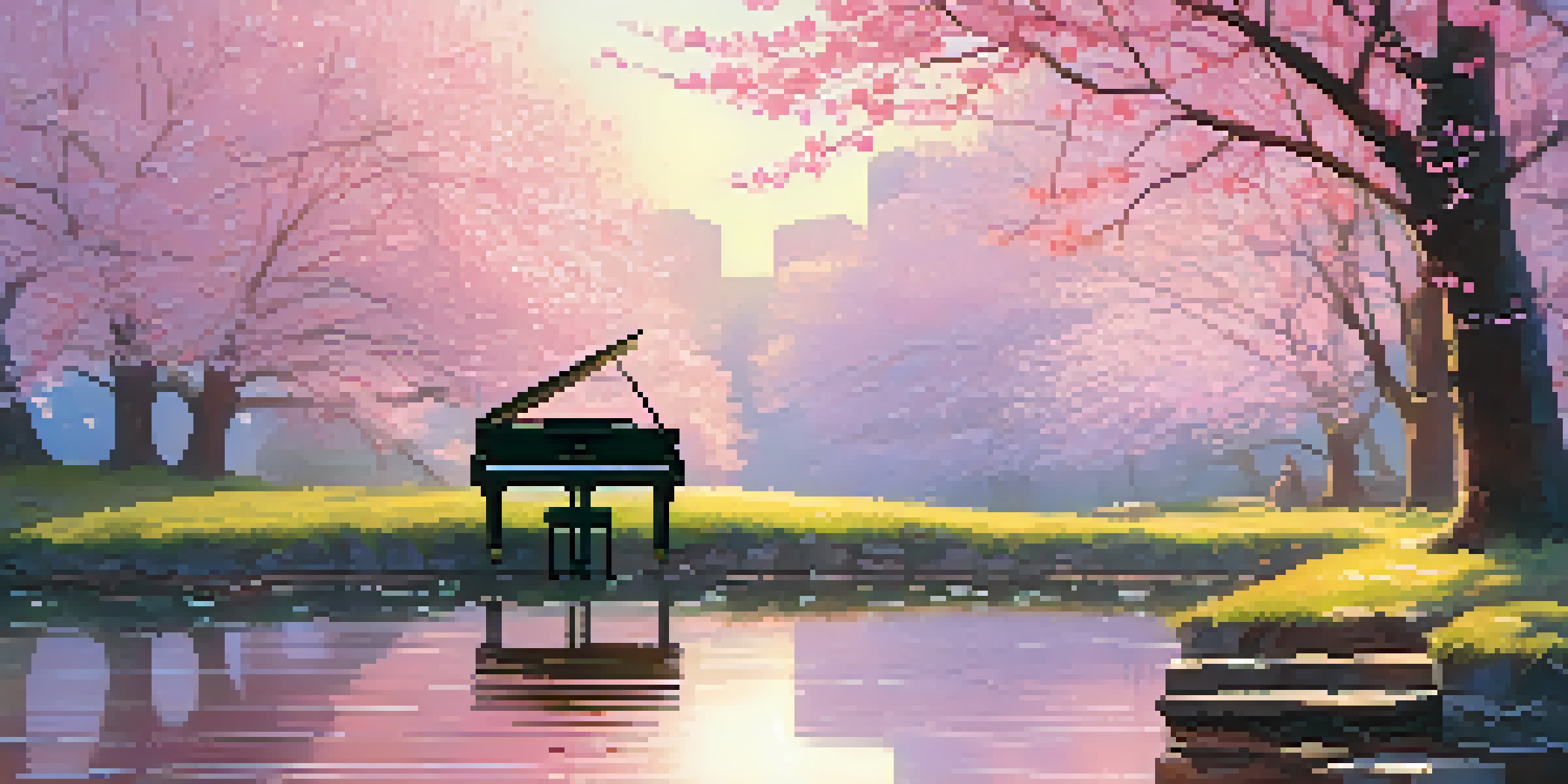 A grand piano under a cherry blossom tree, with sunlight filtering through the branches and a flowing river in the background.