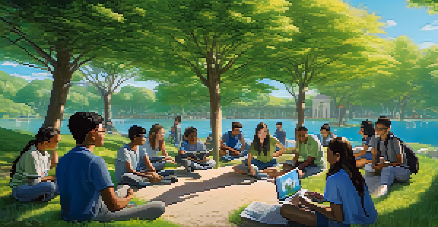 Students collaborating in a virtual environment, interacting with holographic models of landmarks and climate issues.
