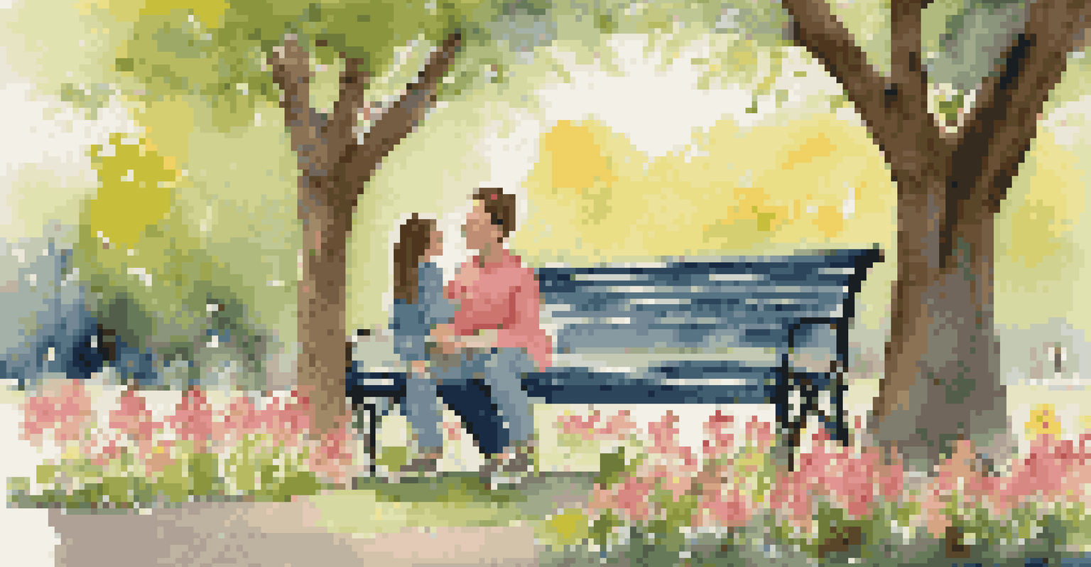 A parent and child sitting on a bench in a park, discussing feelings amidst blooming flowers and trees.